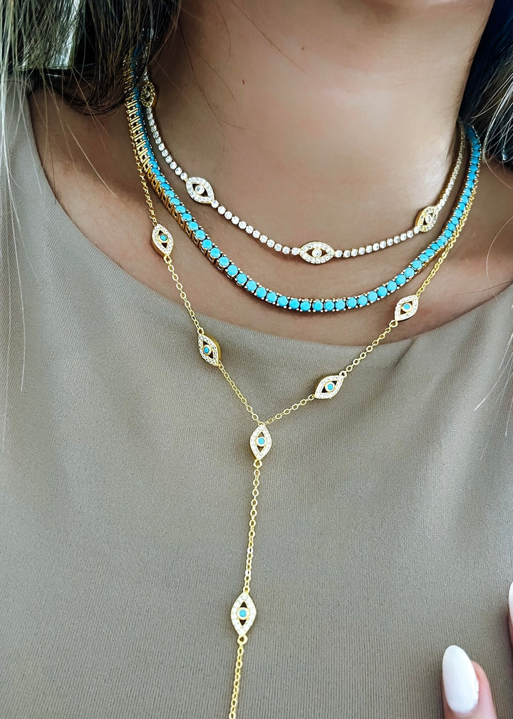 Turquoise Tennis Chain Necklace - Gold Filled