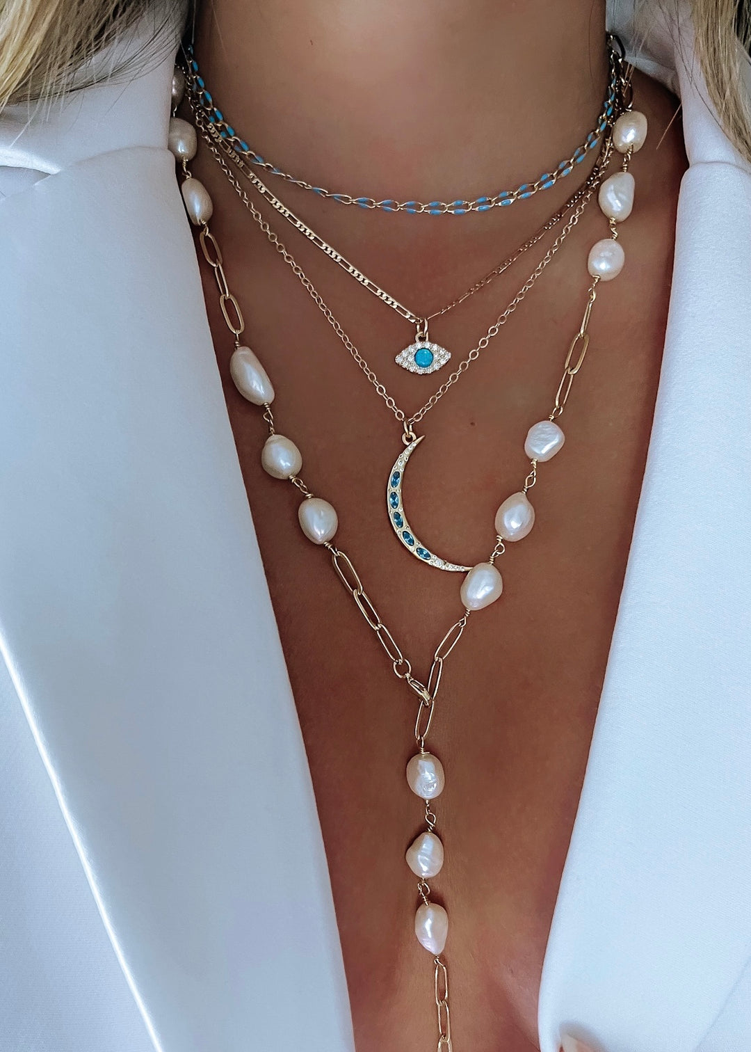 Mother of Pearl Long Chain Necklace - Gold Filled